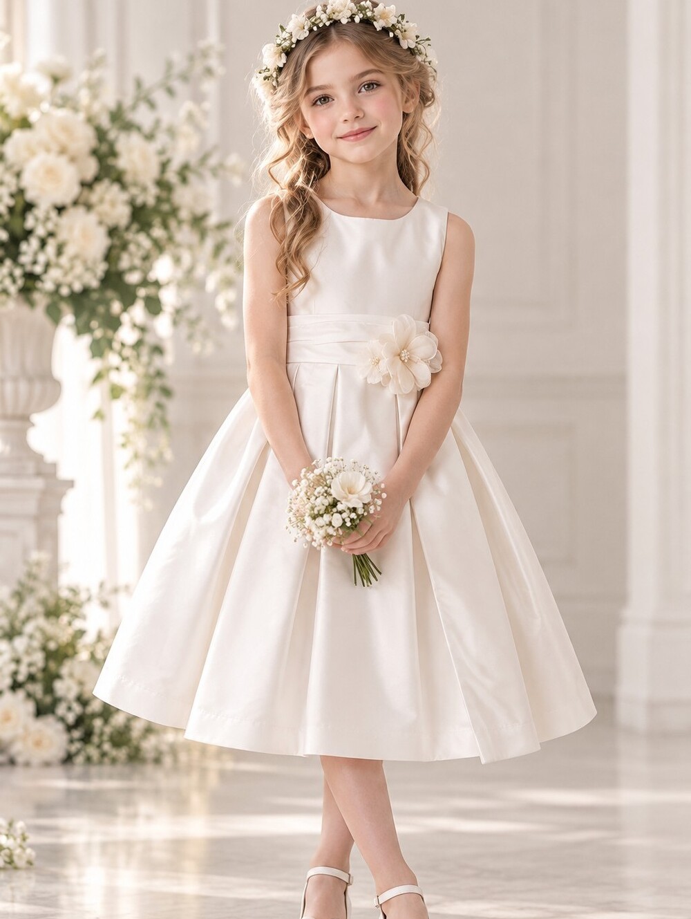 NWT Abel & Lula White Mikado 3D Floral Bridal Wedding Flower Girl Dress Size 7